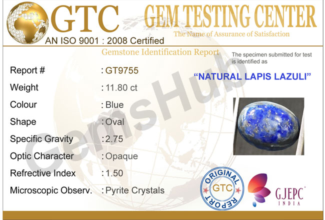 11.80 ct Natural Certified Lapis Lazuli (Lajwart)
